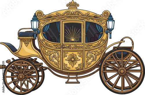 Luxurious Golden Royal State Carriage or Cinderella Coach Illustration with Ornate Carvings and Lanterns Isolated on a Clean White Background