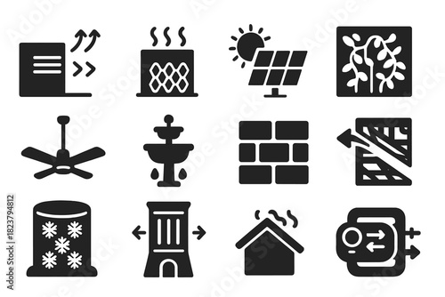 Climate Cooling Icons. Solid style icons of Climate-Responsive Cooling: passive ventilation, evaporative pad system, solar cooling