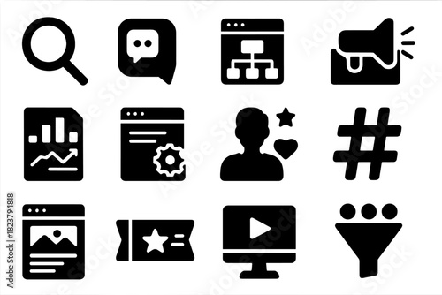 Online Promotion Icons. Solid style icons of Online Promotion: search icon, social platform, content strategy, email campaign,