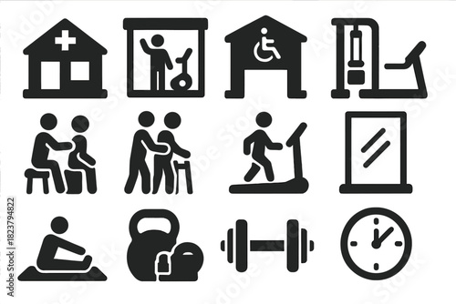 Rehabilitation Icons Set. Solid style icons of recovery environment: therapy clinic, exercise room, rehabilitation center,