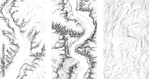 Black and white abstract topographic map patterns with river valleys and swirling lines terrain