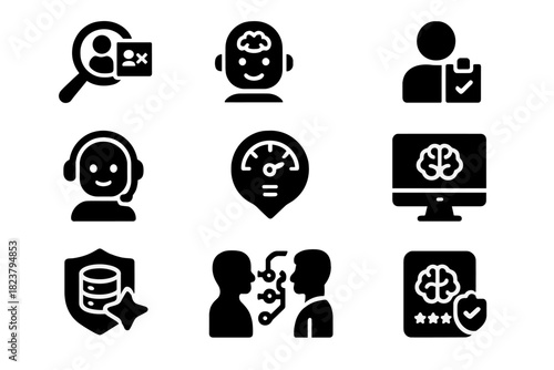 Transparent AI Icon Set. Solid style icons of Transparent AI Systems: bias analysis, transparent AI, accountability form, ethical