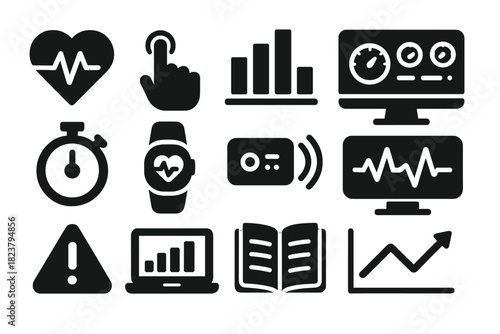 Performance Monitoring Icons. Solid style icons of performance monitoring: heart rate monitor, pulse sensor, data chart, dashboard