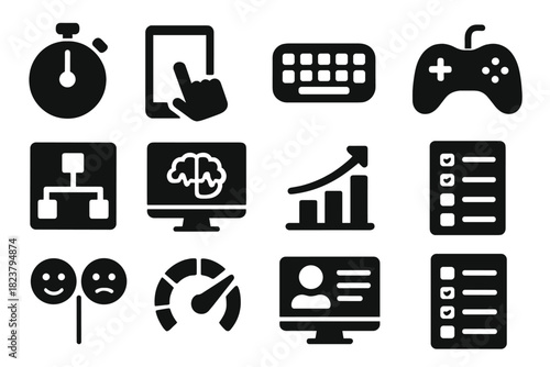 Cognitive Testing Icons. Solid style icons of cognitive testing: reaction timer, tablet, keyboard, joystick, task icon, brainwave