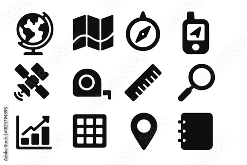 Geographic Tools Icons. Solid style icons of geographic tools: globe, map, compass, GPS device, satellite, measuring tape, ruler,