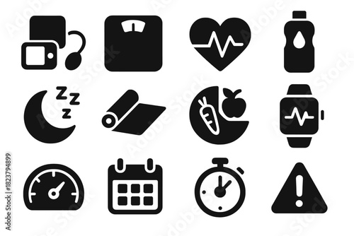 Health Monitoring Icons. Solid style icons of health monitoring tools: blood pressure monitor, scale, heart rate graph, hydration