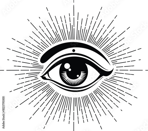 Mystical all-seeing eye of providence symbol, illuminated by bright sunburst rays, spiritual sacred geometry, occult sign, freemasonry, vintage tattoo engraving, vector illustration.