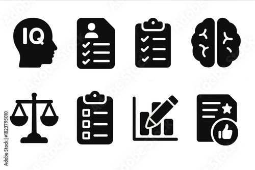 Personality Testing Icons. Solid style icons of Personality Testing: IQ assessment, personality test, measurement check, survey