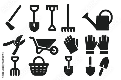 Sustainable Gardening Tools. Solid style icons of sustainable tools: hoe, spade, rake, watering can, pruning shears, wheelbarrow,