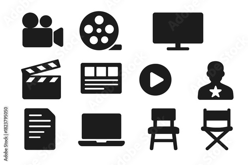 Web Series Icons. Solid style icons of web series: video camera, film reel, monitor, clapperboard, storyboard, play button, script