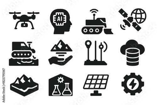 Futuristic Polar Research Icons. Solid style icons of future polar research: autonomous drone, AI monitoring, robotic sled,