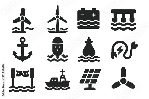 Blue Energy Icons. Solid style icons of Blue Energy Systems: wave turbine, offshore wind turbine, saltwater battery, floating