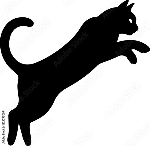 Silhouette of a black cat leaping with its tail curled upwards