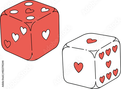 Red and white casino dice with hearts instead of pips, representing love, romance, luck, gambling, chance, fate, and Valentine's Day game.