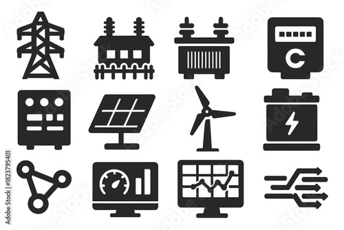 Smart Grid Icons. Solid style icons of smart grids: powerline, substation, transformer, energy meter, control panel, solar panel,