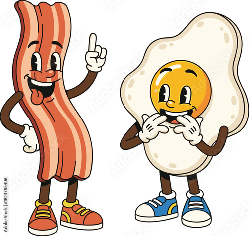 Retro cartoon bacon strip and cheerful fried egg characters celebrating classic breakfast food partnership, vintage mascot style for culinary design.