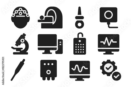 Neuroscience Tools Icons. Solid style icons of neuroscience tools: EEG cap, fMRI scanner, electrode, sensor, microscope, computer,