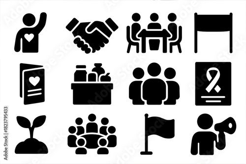 Community Initiatives Icons. Solid style icons of community initiatives: volunteer, handshake, meeting table, banner, pamphlet,