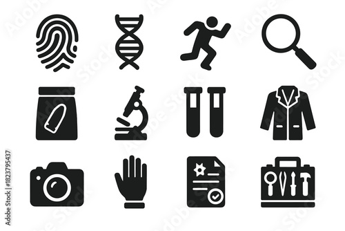 Forensic Icons Set. Solid style icons of Crime Scene Forensics: fingerprint, DNA helix, crime scene outline, magnifying glass,
