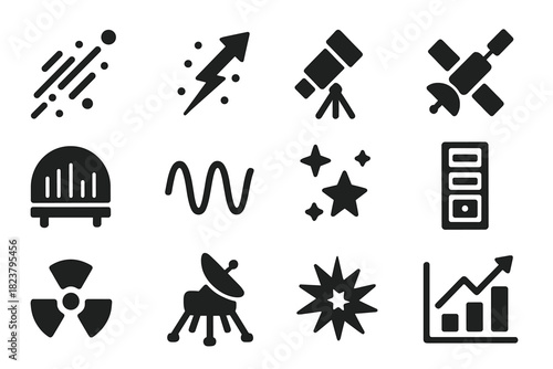 Cosmic Ray Icons. Solid style icons of cosmic rays: particle beam, cosmic ray, telescope, satellite, detector, wave symbol,