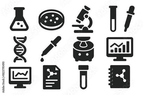 Medical Research Icons. Solid style icons of medical research: lab flask, Petri dish, microscope, test tube, DNA helix, pipette,