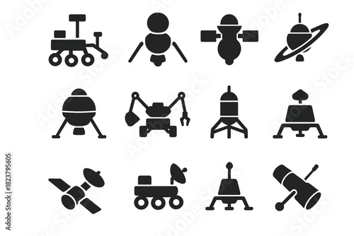 Extraterrestrial Mission Icons. Solid style icons of Extraterrestrial Missions: Mars explorer, Venus atmospheric probe, Jupiter