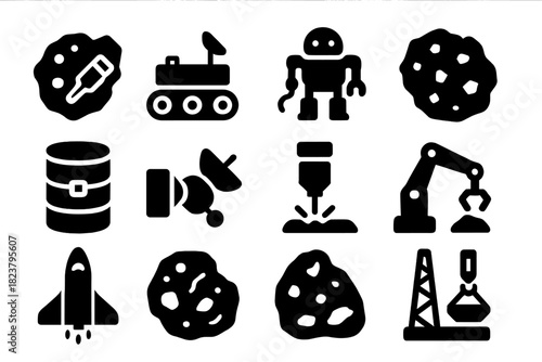 Interplanetary Mining Icons. Solid style icons of Interplanetary Mining: asteroid drill, lunar rover, mining robot, ore sample,