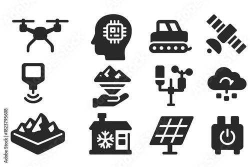 Futuristic Polar Research Icons. Solid style icons of future polar research: autonomous drone, AI monitoring, robotic sled,