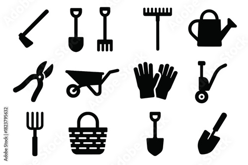 Sustainable Gardening Tools. Solid style icons of sustainable tools: hoe, spade, rake, watering can, pruning shears, wheelbarrow,