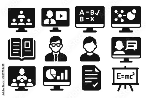 Virtual Learning Icons. Solid style icons of Virtual Learning: remote classroom, video lecture, online quiz, interactive platform,