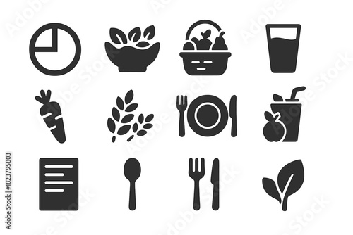 Healthy Eating Icons. Solid style icons of healthy eating practices: balanced plate, salad bowl, fruit basket, water glass,