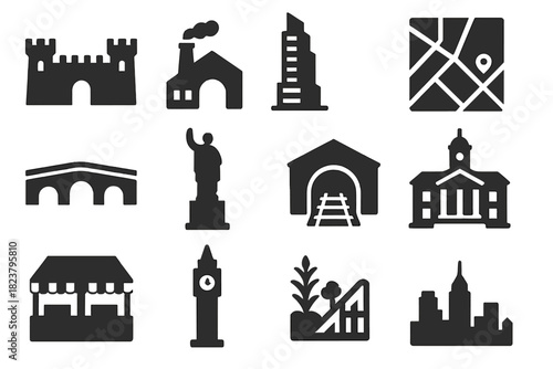 Architectural History Icons. Solid style icons of Architectural History: fortified walls, industrial workshop, postmodern tower,