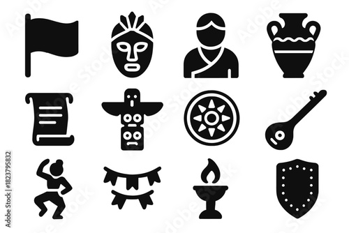Cultural Icons Collection. Solid style icons of cultural symbols: flag, mask, traditional attire, artifact, scroll, totem, emblem,