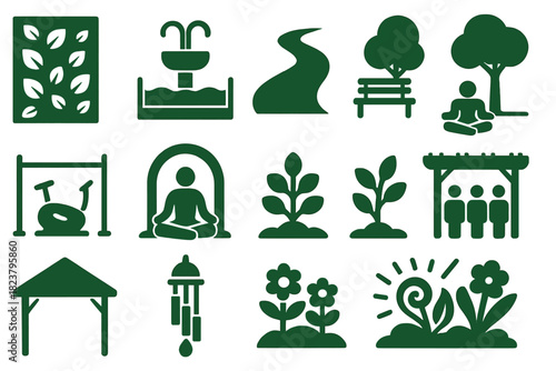 Stress Relief Icons. Solid style icons of stress reduction strategies: green wall, water feature, walking path, shaded bench,