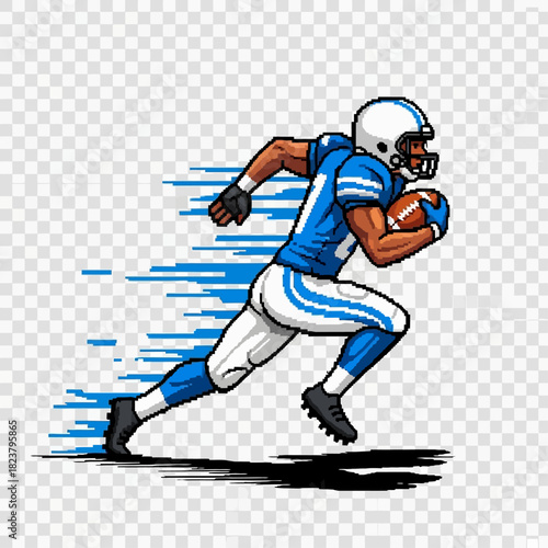 Pixelated American Football Player in Motion, Catching the Ball and Running Towards the Goal Line, Energetic Sports Illustration