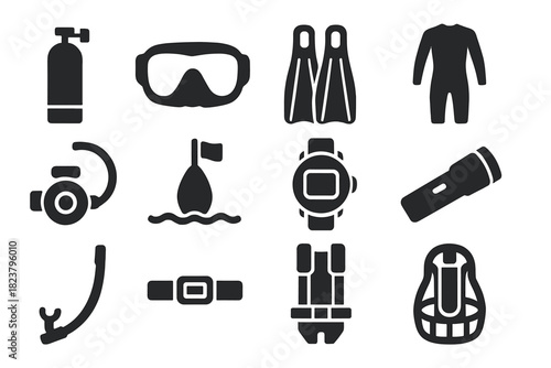 Diving Equipment Icons. Solid style icons of diving equipment: scuba tank, mask, fins, wetsuit, regulator, buoy, dive computer,