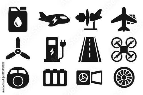Low-Emission Aviation Icons. Solid style icons of Low-Emission Aviation: biofuel container, electric plane, hybrid propulsion