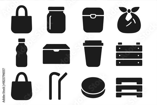 Reusable Material Icons. Solid style icons of reusable materials: tote bag, glass jar, metal container, cloth wrap, bottle, box,