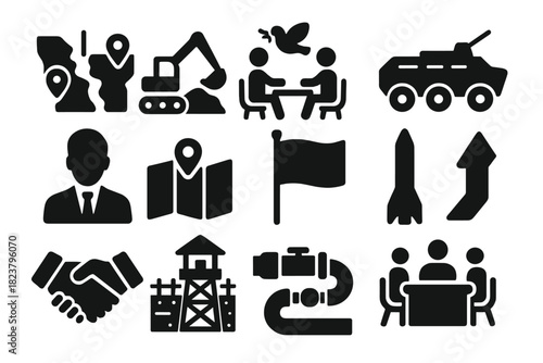 Political Icons Set. Solid style icons of Political Tensions: boundary conflict, mining site, peace negotiation, army vehicle,