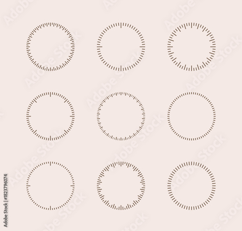 Round analog dashed lines timer icon. Dotted watch, speed frame, mechanical clock face, meter scale line vector template