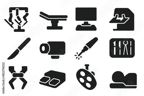 Surgical System Icons. Solid style icons of surgical systems: robotic surgical arm, operating table, monitor screen, control