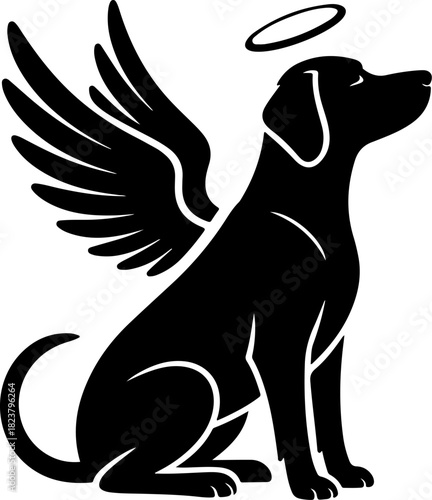 Black silhouette of a dog with angel wings and a halo