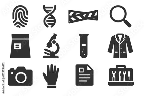 Forensic Science Icons. Solid style icons of Forensic Science: fingerprint, DNA strand, crime scene tape, magnifying glass,