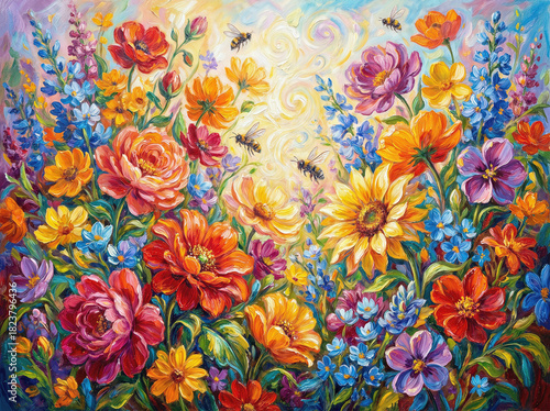 Wallpaper Mural Oil Painting of Flowers and Bees Torontodigital.ca