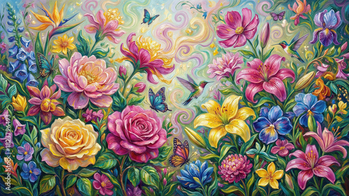 Wallpaper Mural Floral Painting with Butterflies and Hummingbirds Torontodigital.ca