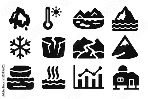Climate and Glacier Icons. Solid style icons of Climate and Glaciers: melting glacier, climate gauge, glacial lake, iceberg,
