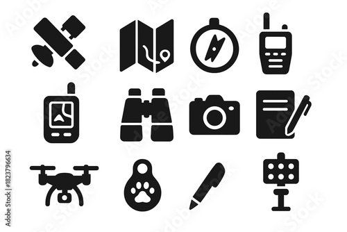 Conservation Tools Icons. Solid style icons of conservation tools: satellite, map, compass, GPS device, binoculars, radio, drone,