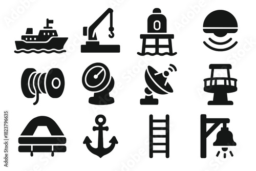Exploration Vessels Icons. Solid style icons of exploration vessels: research ship, crane, diving platform, sonar dome, winch,