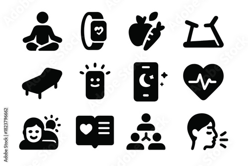 Lifestyle and Health Icons. Solid style icons of Lifestyle and Health: meditation, fitness tracker, healthy food, treadmill,