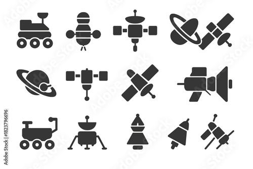 Robotic Space Mission Icons. Solid style icons of Robotic Planetary Missions: Mars explorer, Venus atmospheric probe, Jupiter